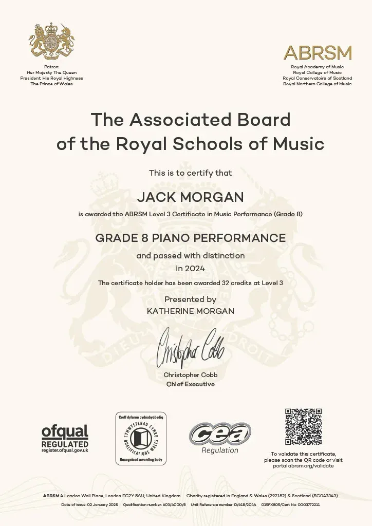 Jack Morgan's ABRSM certificate for Grade 8 Piano Performance, passed with distinction in 2024
